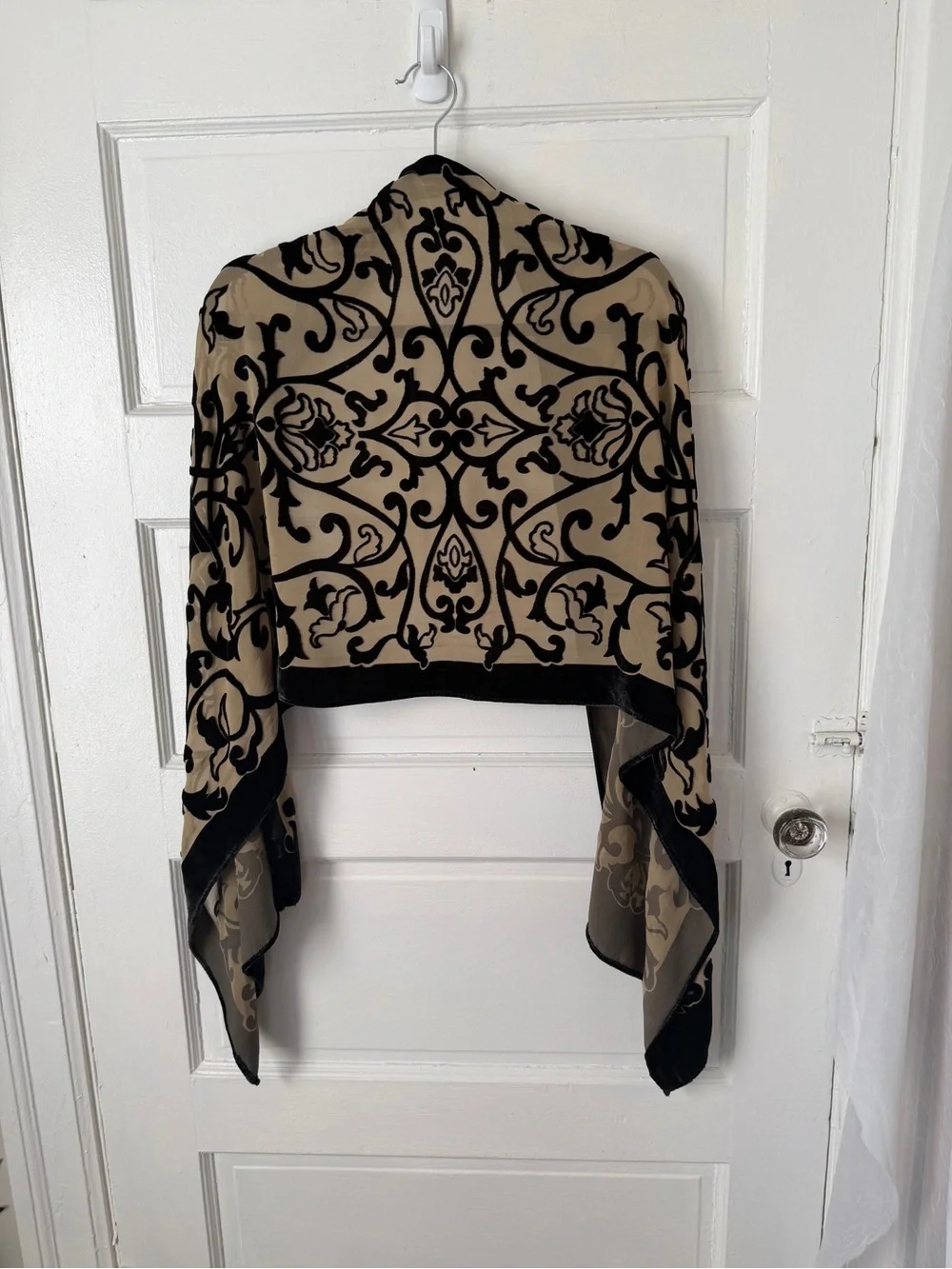 Silk Blend Velvet Burnout Scarf Wrap Beige & Black Damask Paisley Print Regal